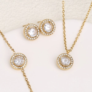Collier Bracelet Boucles D'oreilles Puces Halo Rond Zircone Cubique Acier Inoxydable Plaqué Or 18K Bijoux Femmes