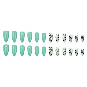 24pcs pointed light green and leopard print press-on nails with glossy finish set