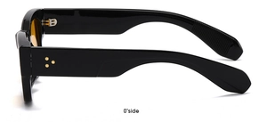 Side view of black rectangle sunglasses with orange lenses and triple star metal rivets