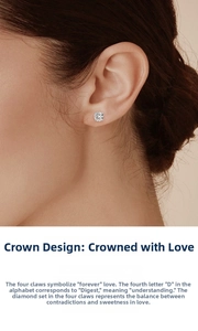 Detailed view of 4-prong classic round-cut Moissanite earring on model ear lobe