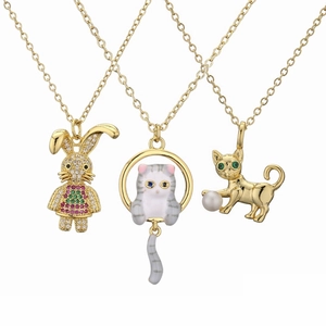 Cute Animal Pendant Necklace Copper Micro Zircon Inlaid Enamel Cat Rabbit Artificial Pearl Charm Clavicle Chain For Women