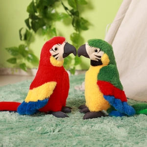 Realistic colorful macaw parrot plush toy set for kids on soft green indoor rug
