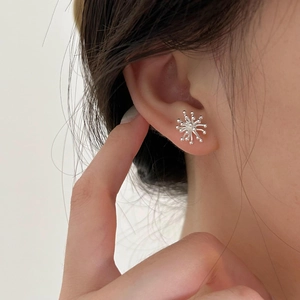 Macro detail of silver starburst stud earring worn on ear with elegant metal texture