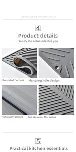 Detailed view of grey silicone kitchen mat showing anti-slip ridges and hanging hole