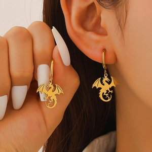 Western fantasy style dragon drop earrings in polished gold finish for women