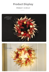 Detail view of red and gold Christmas wreath options with and without warm LED lights