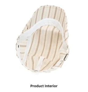 Internal view of beige striped flat cap showing sweatband and adjustable buckle details
