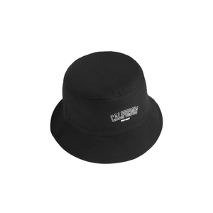 Detail of black cotton bucket hat showing CALIFORNIA print and fine brim stitching