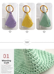Détails de sacs à main tissés triangulaires avec poignées en résine et pompons décoratifs