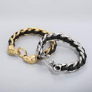 Gothic skull charm braided leather bracelet in gold and silver stainless steel finishes