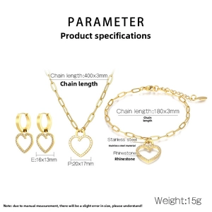 Detailed view of heart-shaped stainless steel jewelry set with dimensions and crystal inlay