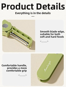 Detail of ergonomic avocado green handle and sharp stainless steel blade for peeling