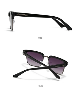 Side and back view of square sunglasses with purple gradient lenses and arrow metal trim