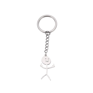 Minimalist stainless steel stickman keychain with funny middle finger design on white background