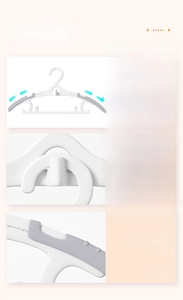 Detail of adjustable children's hanger with non-slip shoulders and space-saving hooks