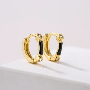 Minimalist 18K gold plated hoop earrings with black enamel and clear cubic zirconia