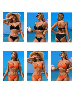 Detail view of two-piece bikini sets in black and orange with contrast woven trim and cut-outs