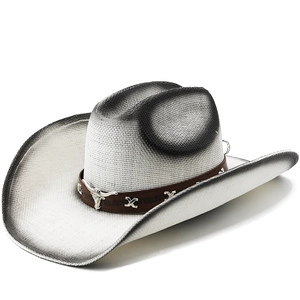 Western Cowboy Hat Paper Straw Woven Wide Brim Gradient Retro Outdoor Sun Hat With Leather Band And Metal Bull Head