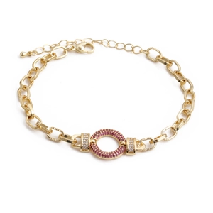 Chunky gold-plated hip hop chain bracelet featuring pink and clear cubic zirconia stones