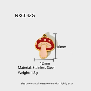 Macro view of red mushroom pendant with 12mm by 16mm dimensions and weight data
