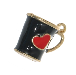 Detail view of mini black enamel heart cup charm with gold trim and red heart design