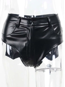 Sexy Damen-Shorts aus schwarzem PU-Leder mit hoher Taille im Slim-Fit Streetstyle