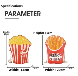 Detailed size parameters for popcorn and french fries shaped chain bags with measurements