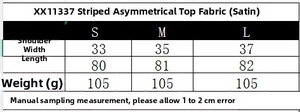 Detailed size chart for women's striped asymmetric satin top with fabric specifications