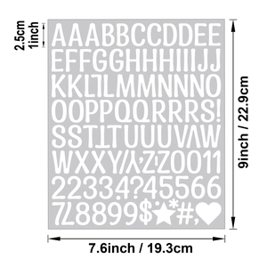 Detailed dimension layout showing 1 inch vinyl letter and number stickers for DIY crafts