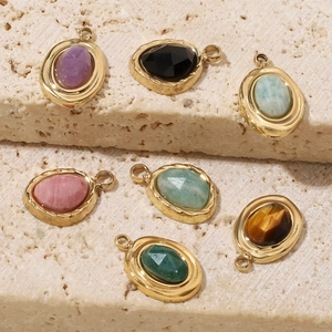 Pendentifs de collier vintage en acier titane avec breloques ovales en pierre naturelle
