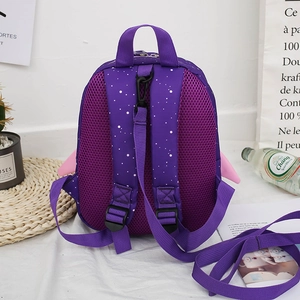 Detail view of purple toddler rocket backpack featuring breathable mesh and safety leash