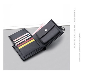 Detail view of black pebble leather wallet featuring multiple card slots and snap coin pocket