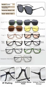 Detailed spec sheet for square vintage sunglasses showing UV protection and metal PC frames