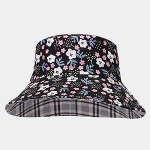 Double-sided sun hat with floral print and black white checkered pattern for women