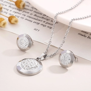 Elegant silver round crystal jewelry set with necklace and earrings on floral background