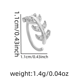 Detail view of silver leaf non-piercing nose ring with size and weight measurements