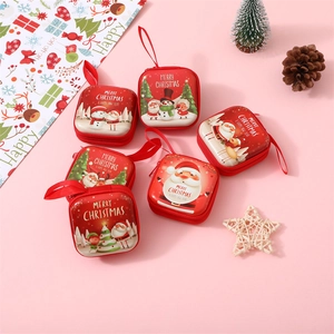 Christmas Square Coin Purse Tinplate Zipper Storage Bag With Lanyard Mini Cartoon Santa Snowman Portable Earphone Case Red