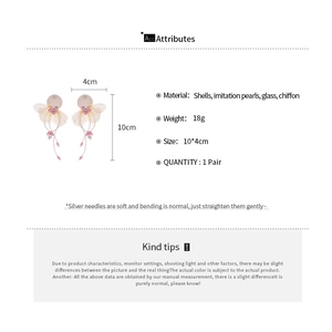 Detailed size chart of pink chiffon flower tassel earrings with shell and pearl accents