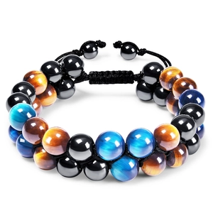 Double Row Tiger Eye Hematite Obsidian Beaded Bracelet Handwoven Adjustable Triple Protection Healing Jewelry For Men Women