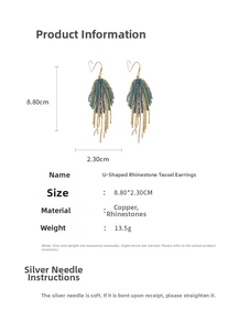 Detailed spec view of geometric crystal tassel earrings showing dimensions and weight