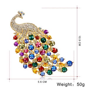 Extra large colorful crystal peacock brooch pin in gold-plated finish, 10.9 x 5.6 CM