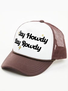 Detailed side view of brown trucker hat featuring Say Howdy text and mesh back