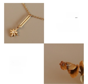 Detailed macro view of 18K gold plated titanium steel star pendant with paperclip chain