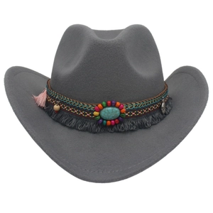 Grey western cowboy wool felt hat with woven tassel band and turquoise gemstone