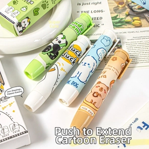 Detalle de gomas de borrar retráctiles con dibujos de panda y perro en un set creativo