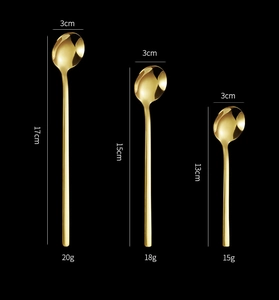 Three sizes of gold 304 stainless steel coffee spoons with dimensions and weights shown
