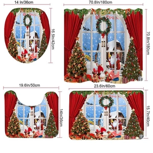 Detail showing Christmas shower curtain set with dimensions of mat and toilet cover