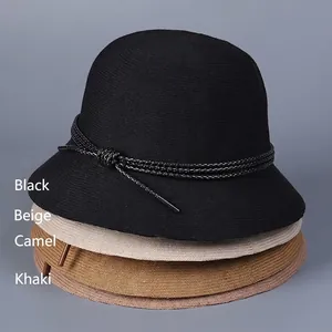 Knitted bucket hat for women in black, beige, and khaki with woven leather cord detail