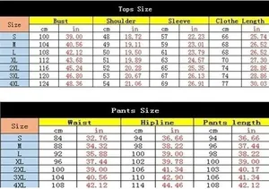 Detailed size chart for men's hooded zipper tracksuit with tops and pants measurements