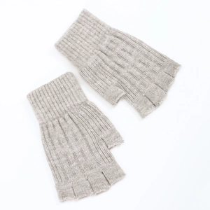 Detail shot of light grey cable knit fingerless gloves on a clean white background